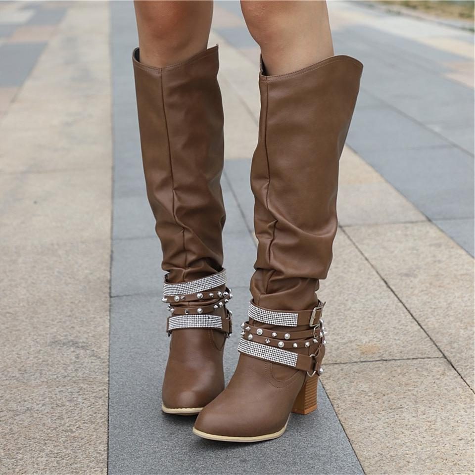 Women's Studded Chain-Strap Boots in Soft Slouchy Leather