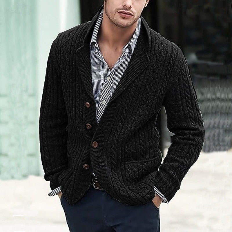 Men's Regular-Fit Lapel Cardigan in Breathable Cable Knit - Black