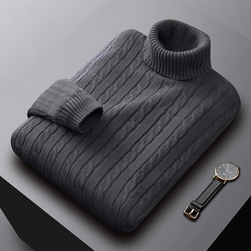Men's Warm Stretch-Knit Cable Roll Neck for Office and Weekend - Dark Grey