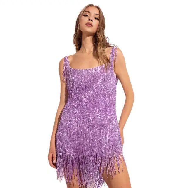 Women's Fringe-Trim V-Neck Sequin Mini Dress for Parties - Purple