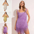 Women's Fringe-Trim V-Neck Sequin Mini Dress for Parties