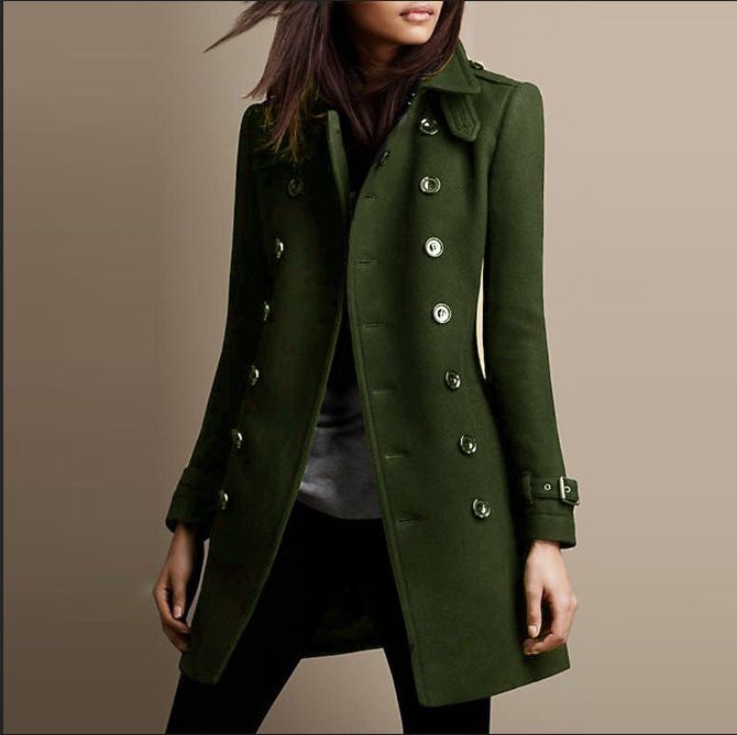 Women's Mid-Thigh Wool-Blend Jacket with Two-Row Button Front - Green