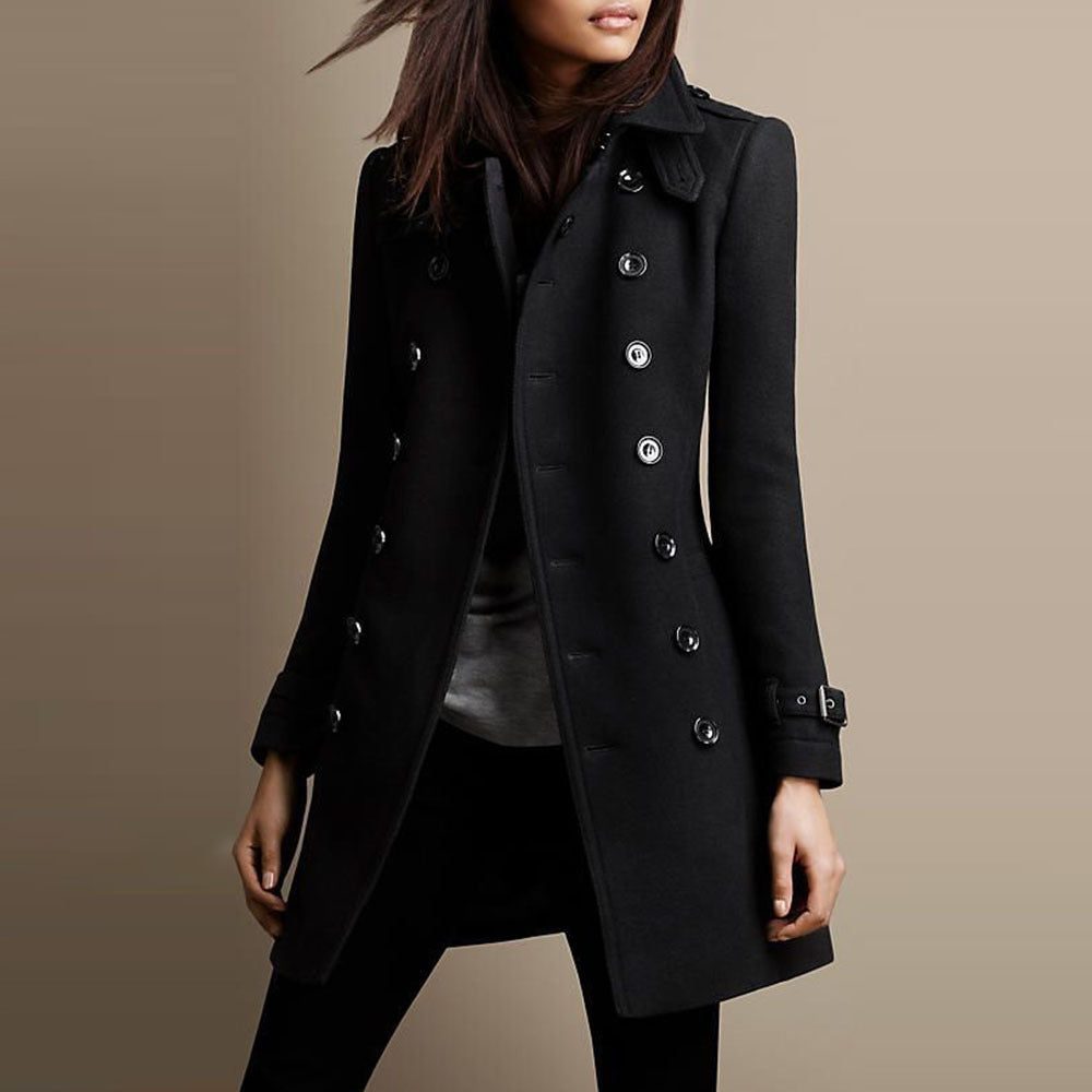 Women's Mid-Thigh Wool-Blend Jacket with Two-Row Button Front - Black