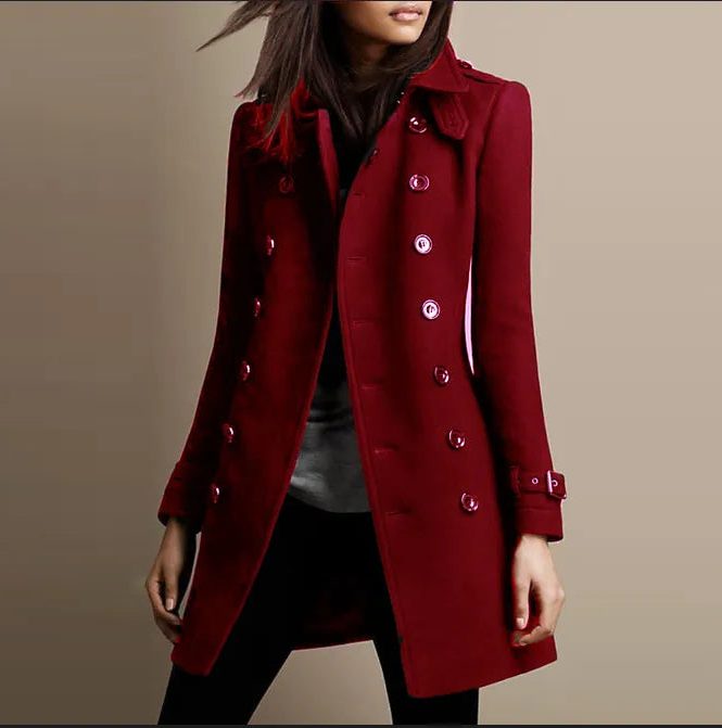 Women's Mid-Thigh Wool-Blend Jacket with Two-Row Button Front - Red