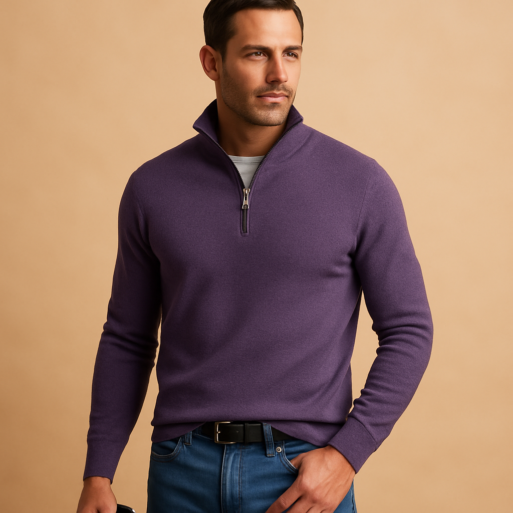 Men's Close-Fit Lightweight Quarter-Zip Jumper with Ribbed Trims - Purple