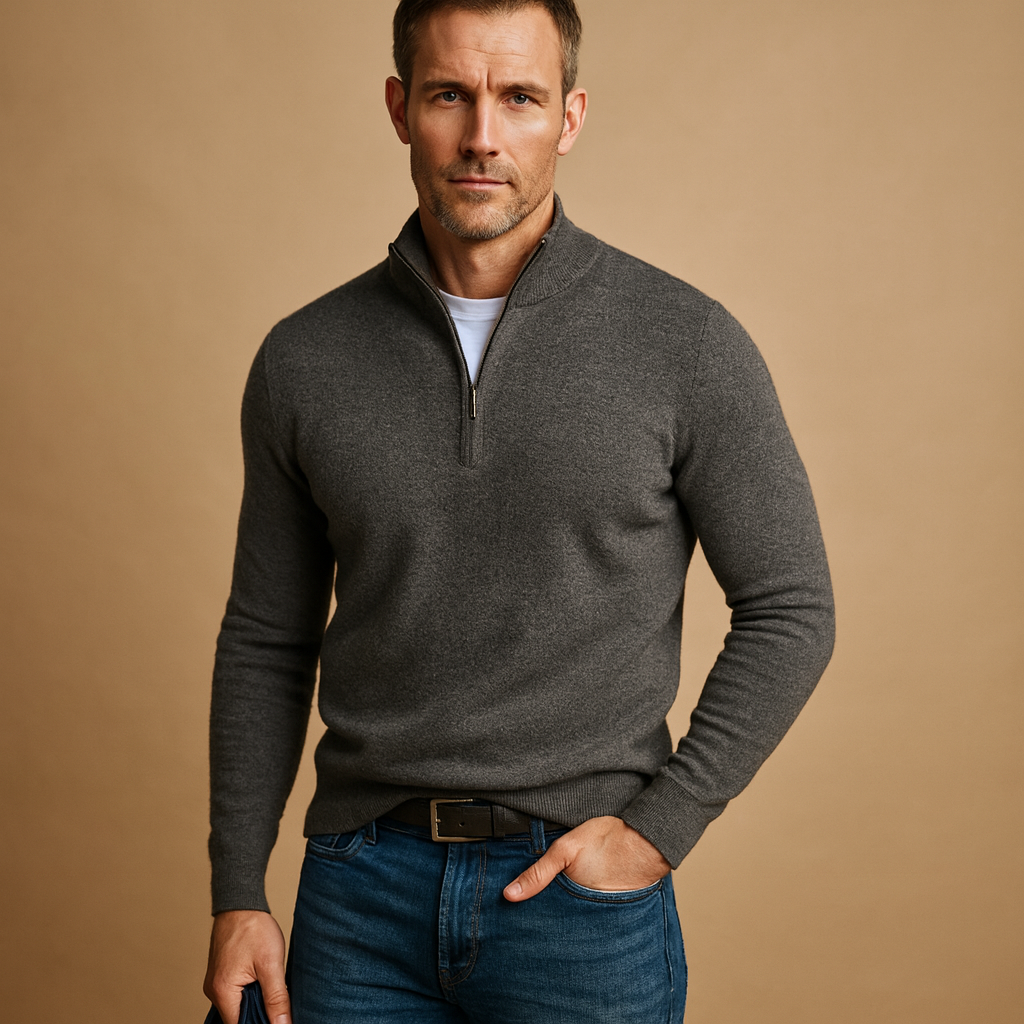 Men's Close-Fit Lightweight Quarter-Zip Jumper with Ribbed Trims - Grey