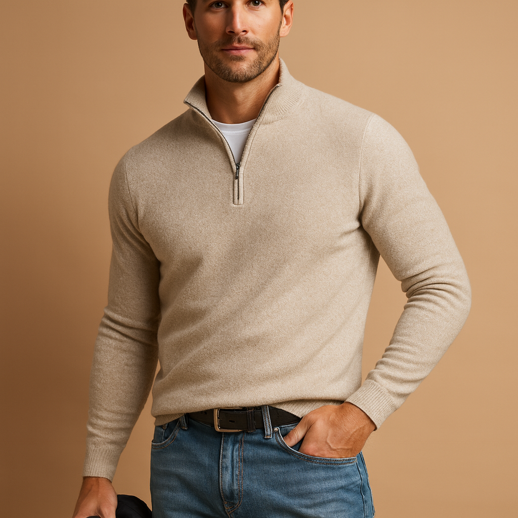 Men's Close-Fit Lightweight Quarter-Zip Jumper with Ribbed Trims - Beige
