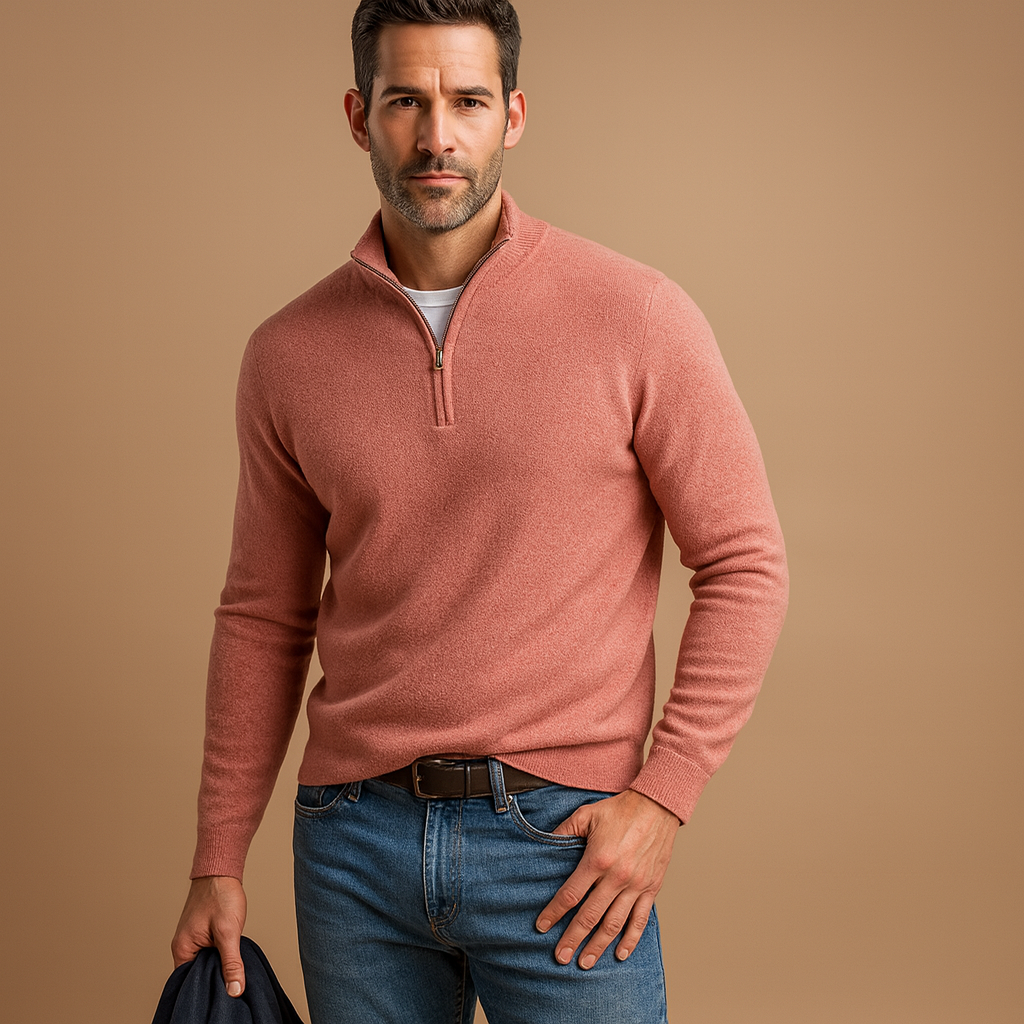 Men's Close-Fit Lightweight Quarter-Zip Jumper with Ribbed Trims - Pink
