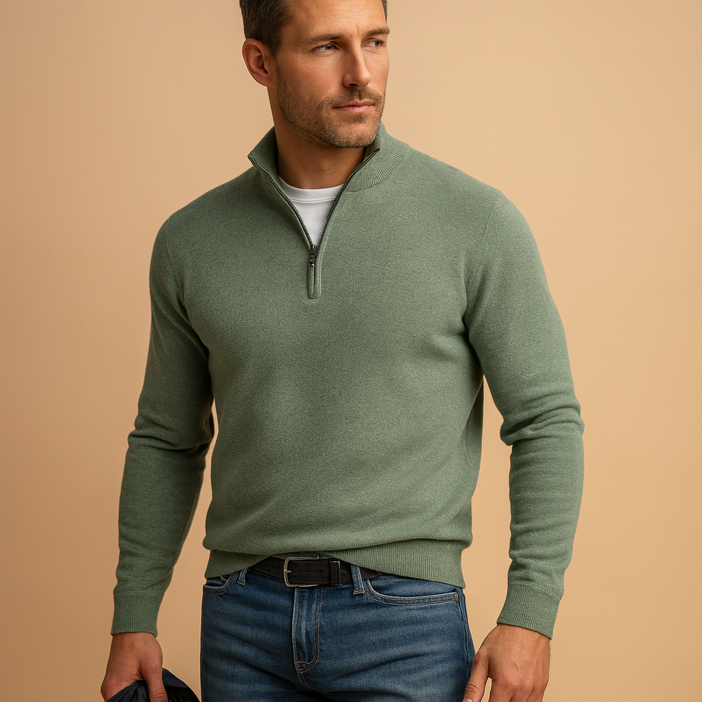 Men's Close-Fit Lightweight Quarter-Zip Jumper with Ribbed Trims - Sage Green