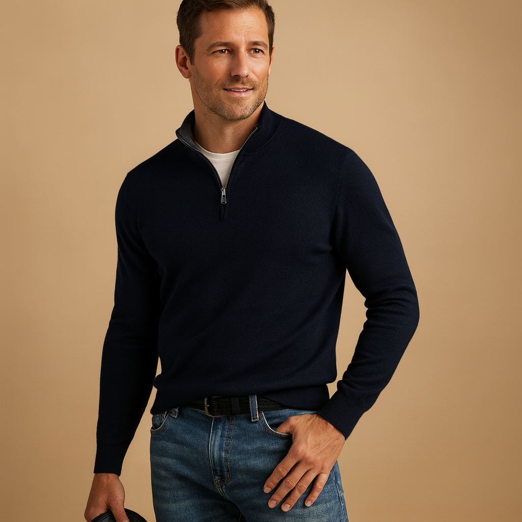 Men's Close-Fit Lightweight Quarter-Zip Jumper with Ribbed Trims - Black