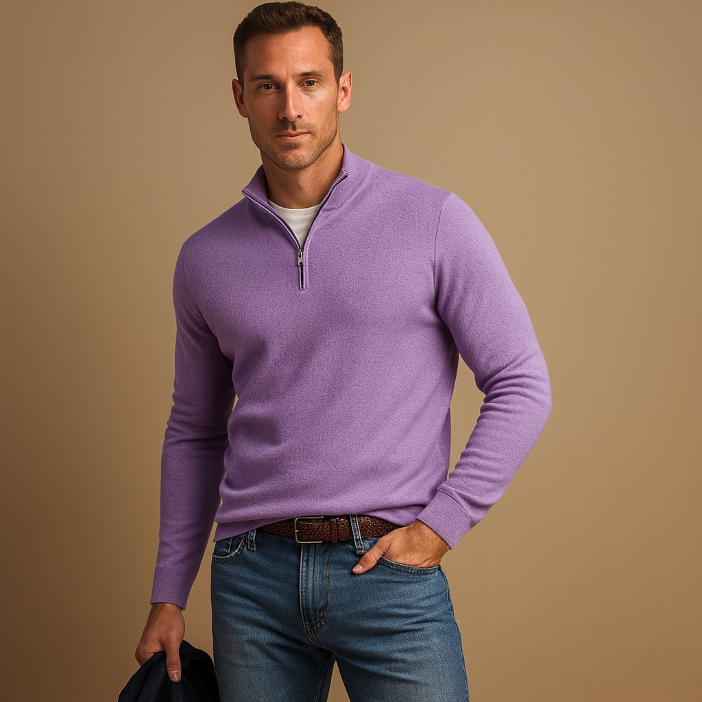Men's Close-Fit Lightweight Quarter-Zip Jumper with Ribbed Trims - Light Purple