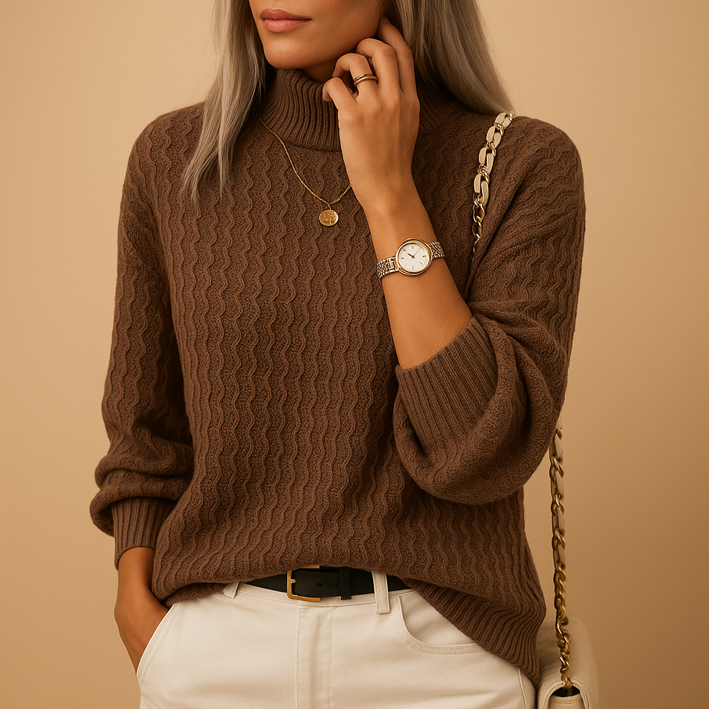 Women's Textured Knit Polo Neck Jumper with Ribbed Cuffs - Dark Brown