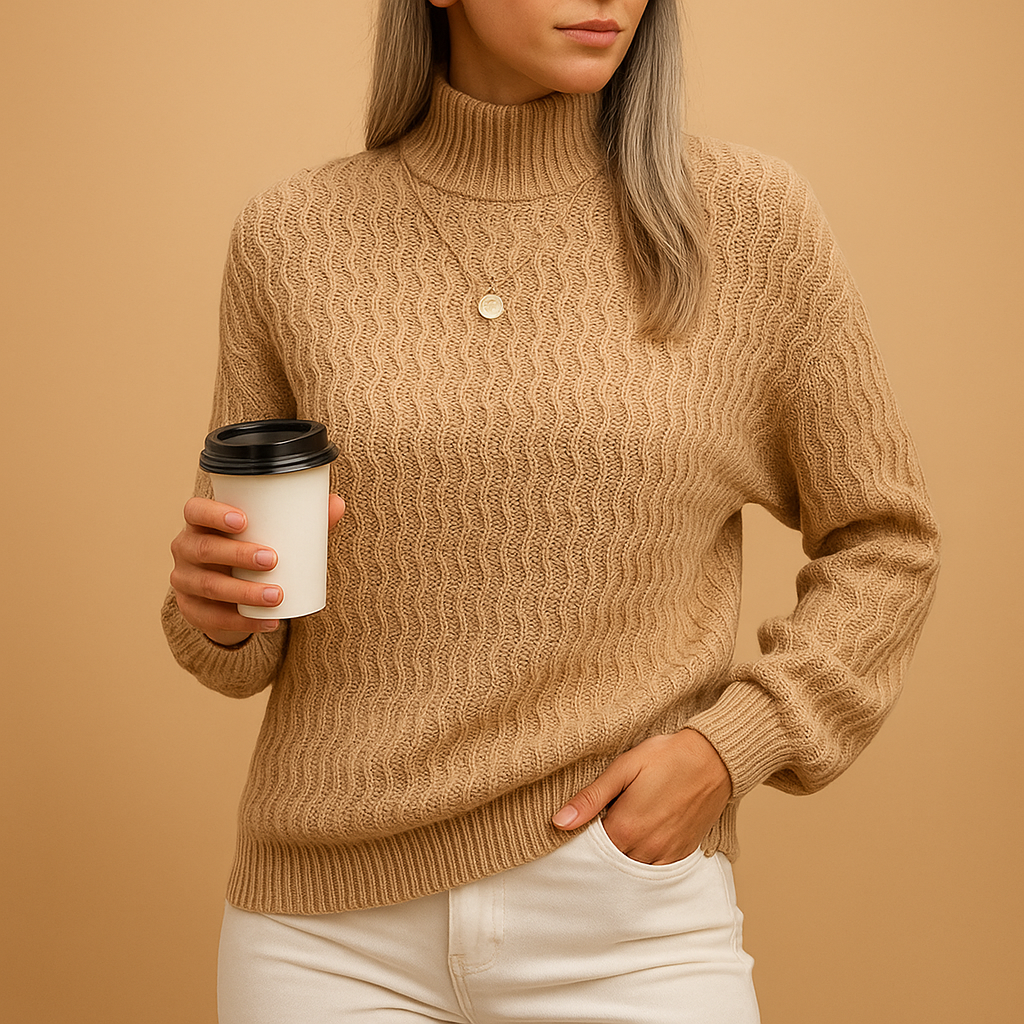 Women's Textured Knit Polo Neck Jumper with Ribbed Cuffs - Light Brown