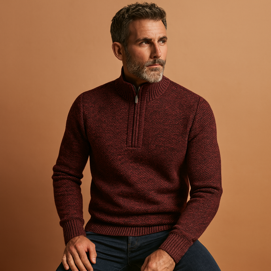Men's Lightweight Textured Zip-Collar Jumper for Shirt Layering - Wine Red