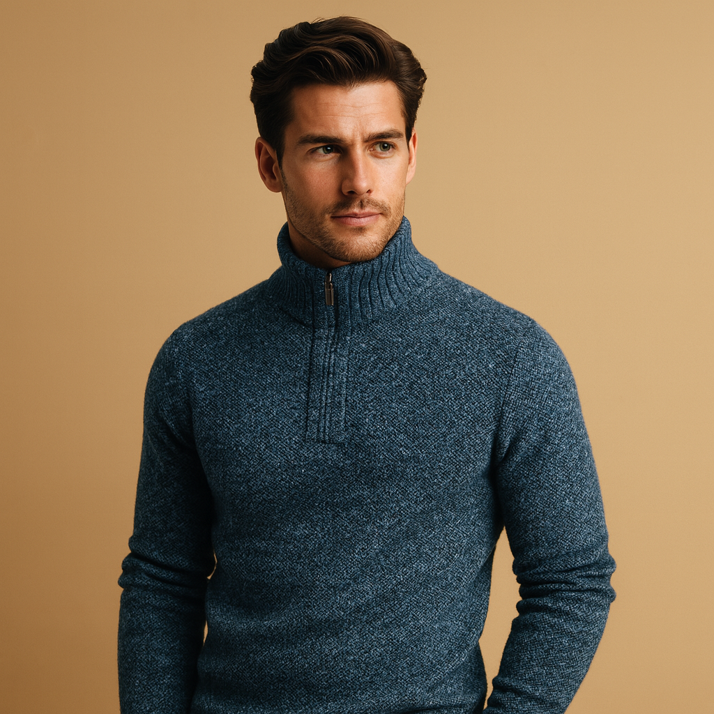 Men's Lightweight Textured Zip-Collar Jumper for Shirt Layering - Blue