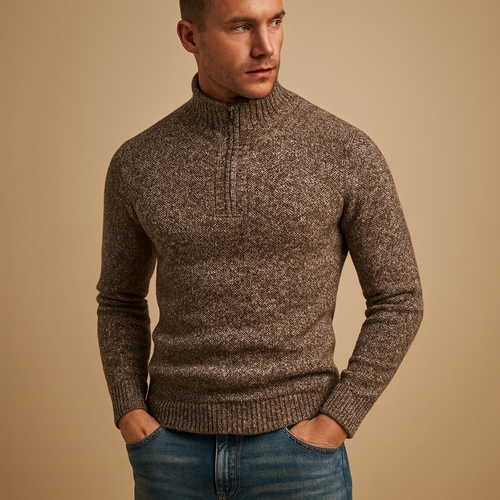 Men's Lightweight Textured Zip-Collar Jumper for Shirt Layering - Taupe