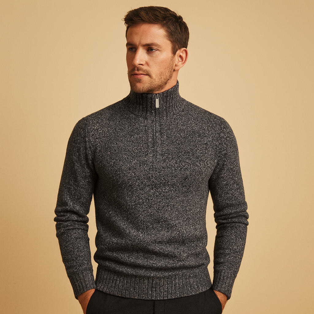Men's Lightweight Textured Zip-Collar Jumper for Shirt Layering - Dark Grey