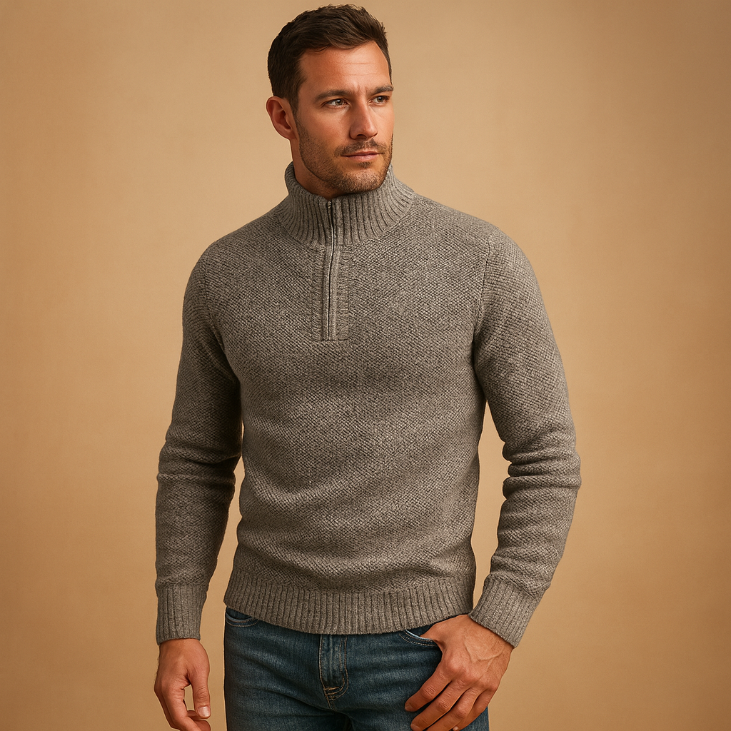 Men's Lightweight Textured Zip-Collar Jumper for Shirt Layering - Light Grey