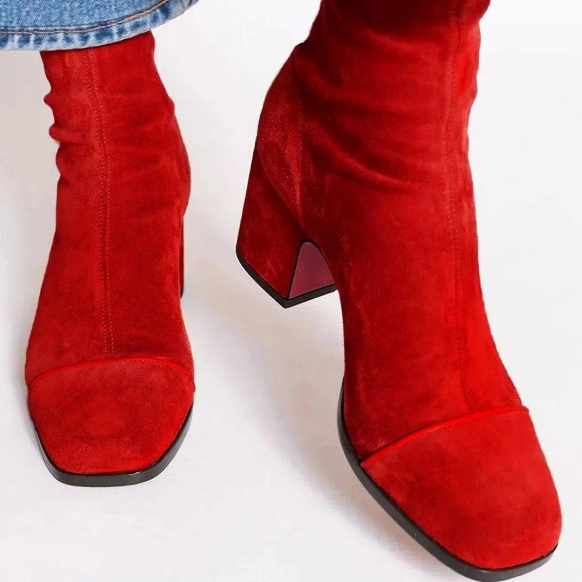 Women's Leopard-Toe Suede-Finish Ankle Boots with Chunky Heel - Red