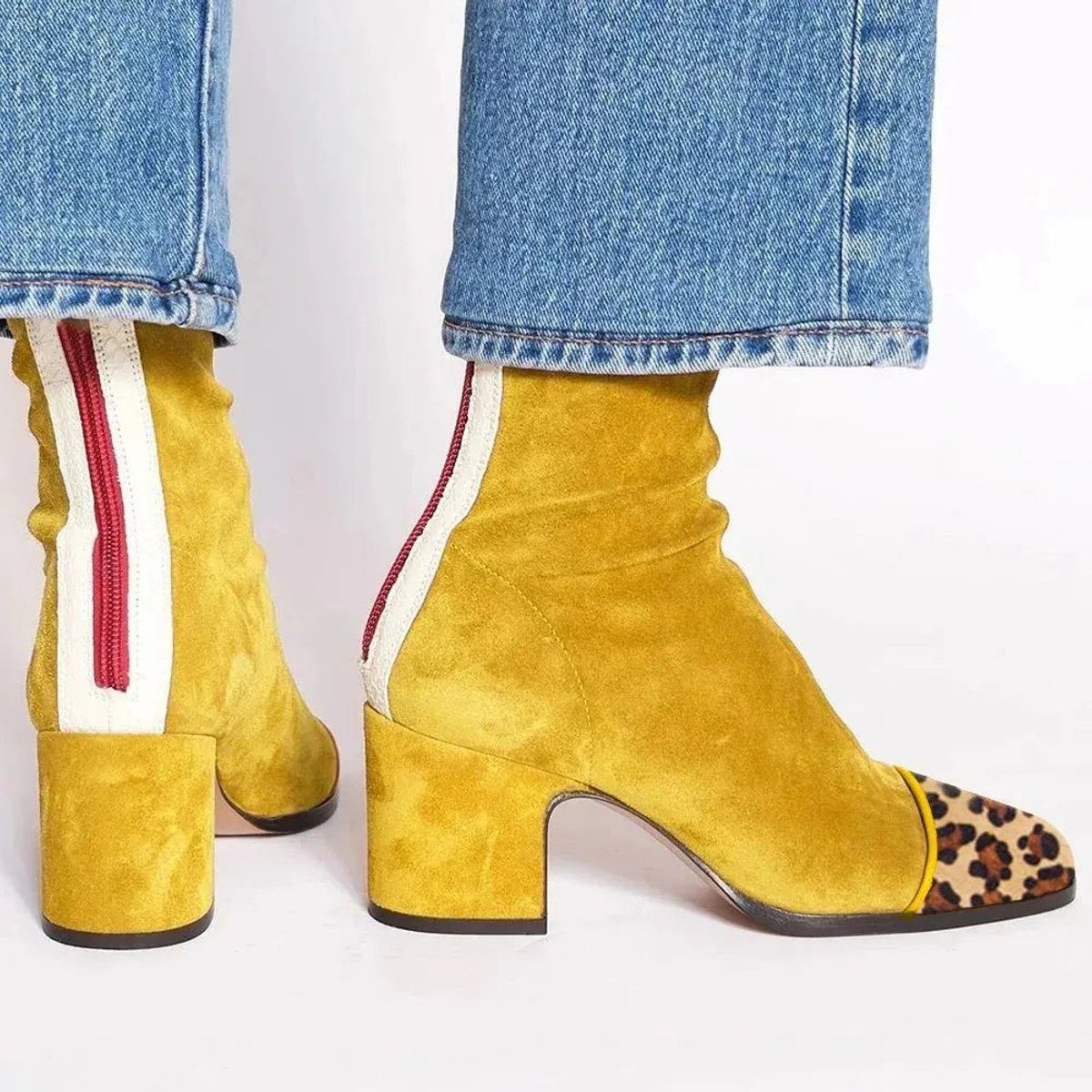 Women's Leopard-Toe Suede-Finish Ankle Boots with Chunky Heel - Yellow
