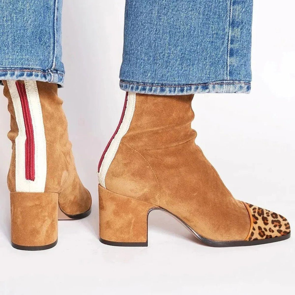 Women's Leopard-Toe Suede-Finish Ankle Boots with Chunky Heel - Brown