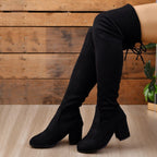 Women's Close-Fit Suede Over-Knee Boots with Steady Block Heel - Black