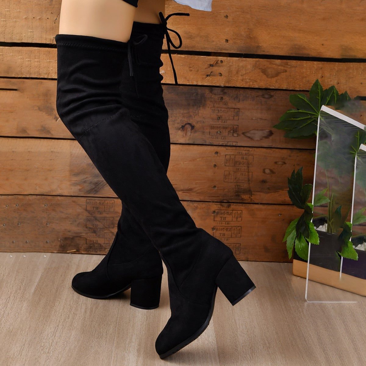 Women's Close-Fit Suede Over-Knee Boots with Steady Block Heel