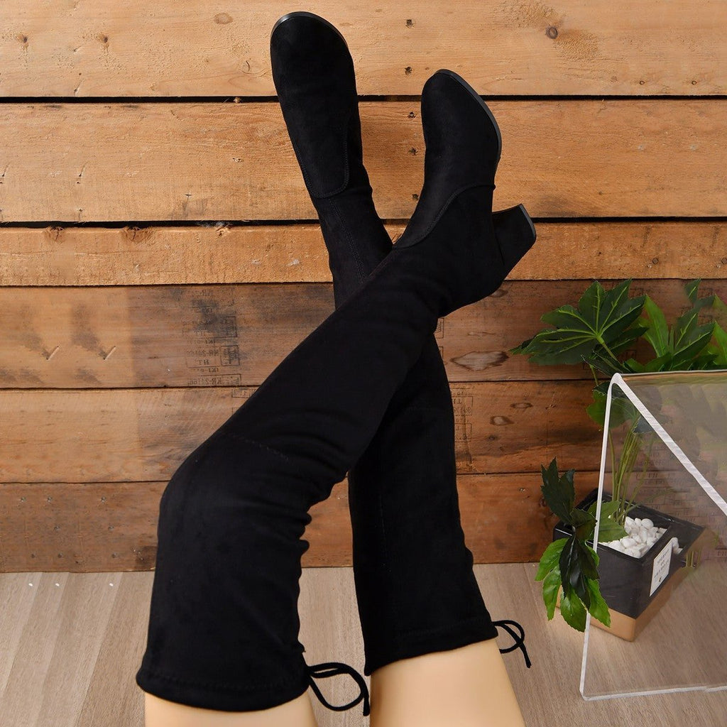 Women's Close-Fit Suede Over-Knee Boots with Steady Block Heel