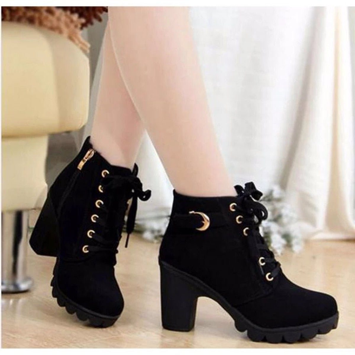 Women's Side-Zip Lace-Up Lug Boots with Suede Finish and Buckle