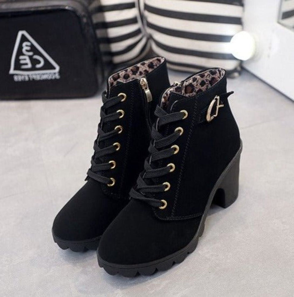 Women's Side-Zip Lace-Up Lug Boots with Suede Finish and Buckle - Black