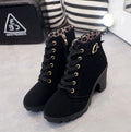 Women's Side-Zip Lace-Up Lug Boots with Suede Finish and Buckle - Black