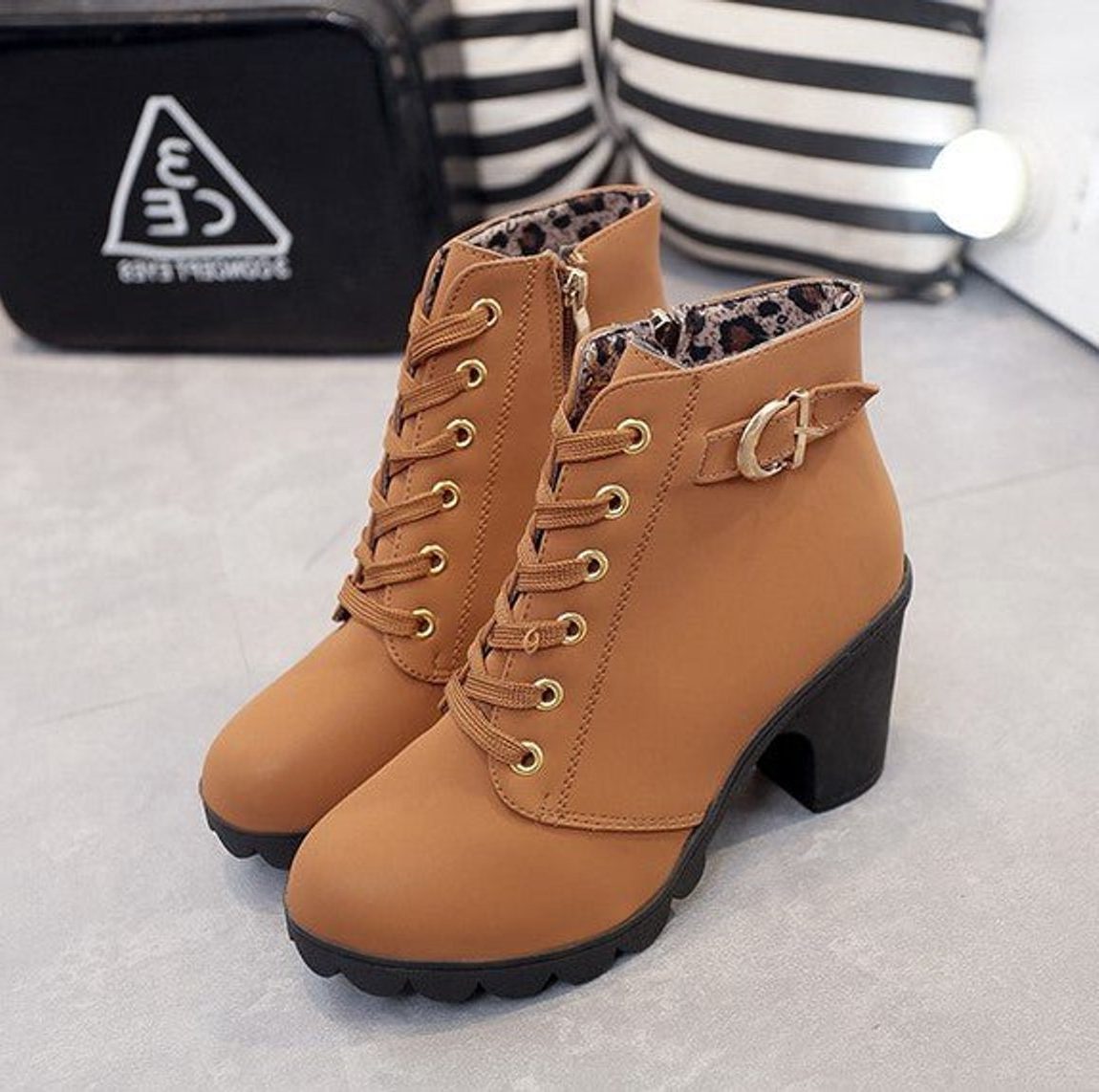 Women's Side-Zip Lace-Up Lug Boots with Suede Finish and Buckle - Brown