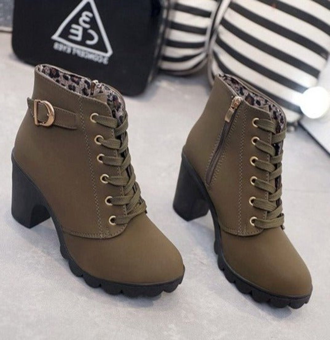 Women's Side-Zip Lace-Up Lug Boots with Suede Finish and Buckle - Olive Green