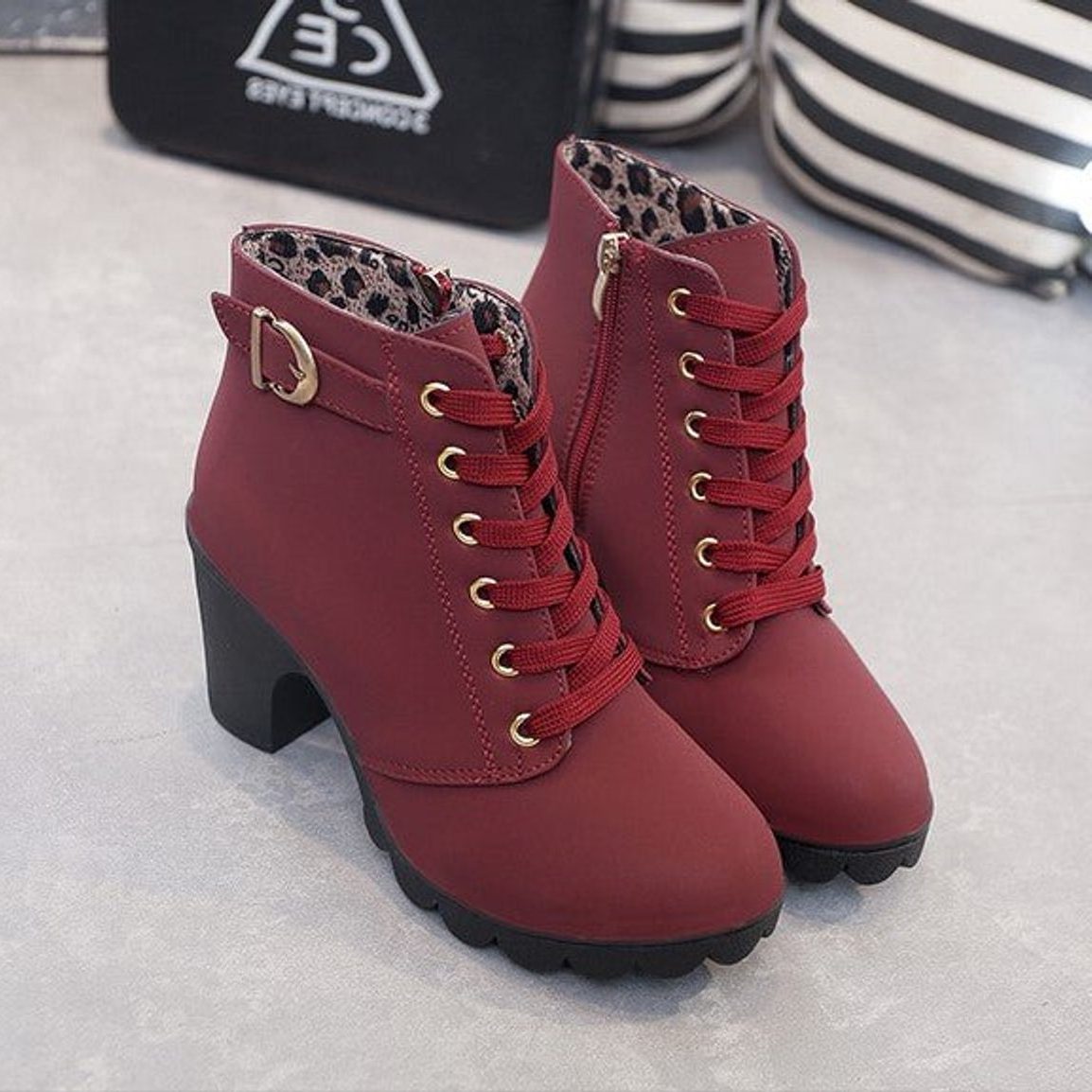 Women's Side-Zip Lace-Up Lug Boots with Suede Finish and Buckle - Wine Red