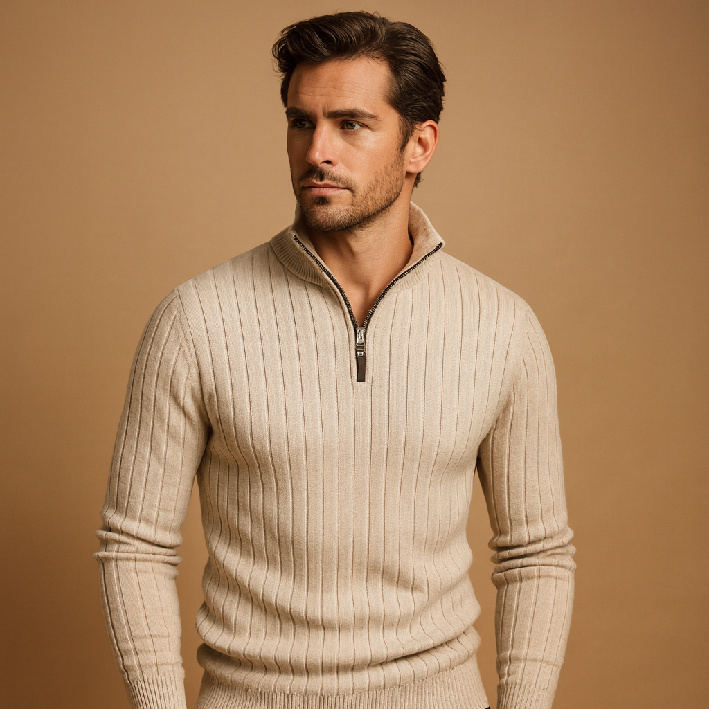 Men's Stand-Collar Fine-Rib Half-Zip Jumper for Office Days - Beige