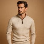 Men's Stand-Collar Fine-Rib Half-Zip Jumper for Office Days - Beige