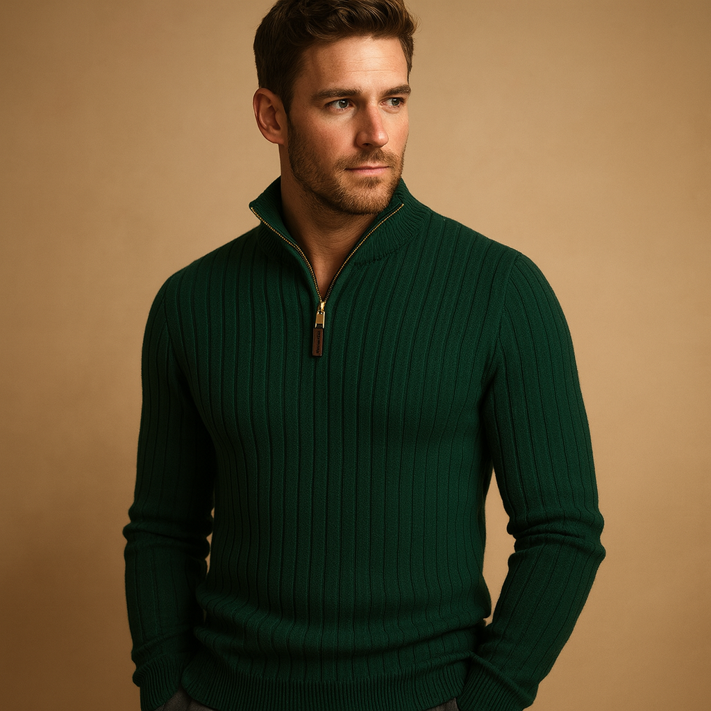 Men's Stand-Collar Fine-Rib Half-Zip Jumper for Office Days - Dark Green