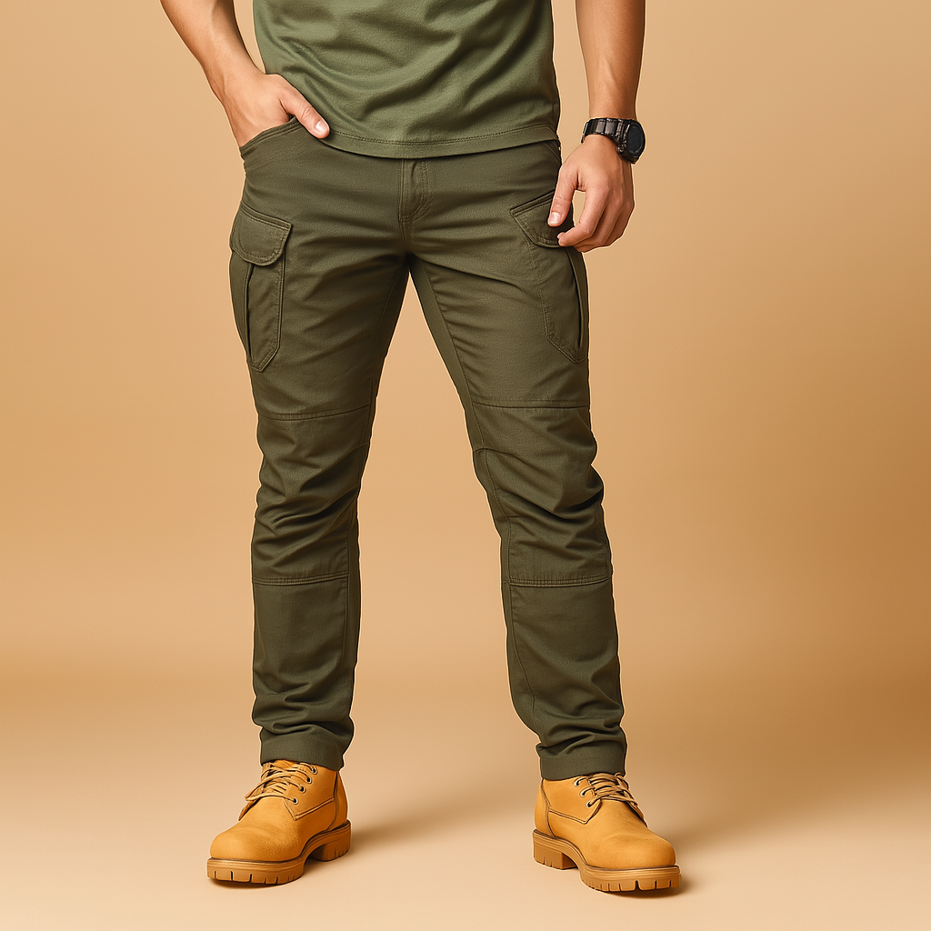 Men's Straight-Leg Military Utility Cargo Trousers - Olive Green