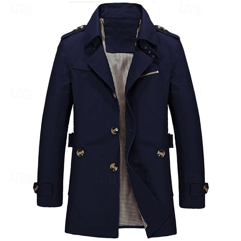 Men's Single-Row Button Trench Coat with Generous Front Pockets
