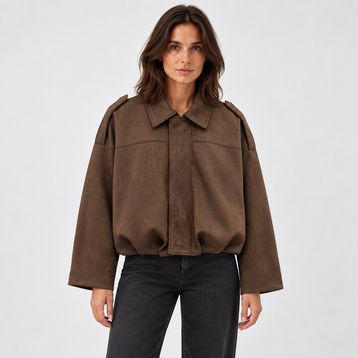 Women's Oversized Faux Suede Bomber with Pointed Collar - Dark Brown