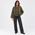 Women's Oversized Faux Suede Bomber with Pointed Collar - Olive Green