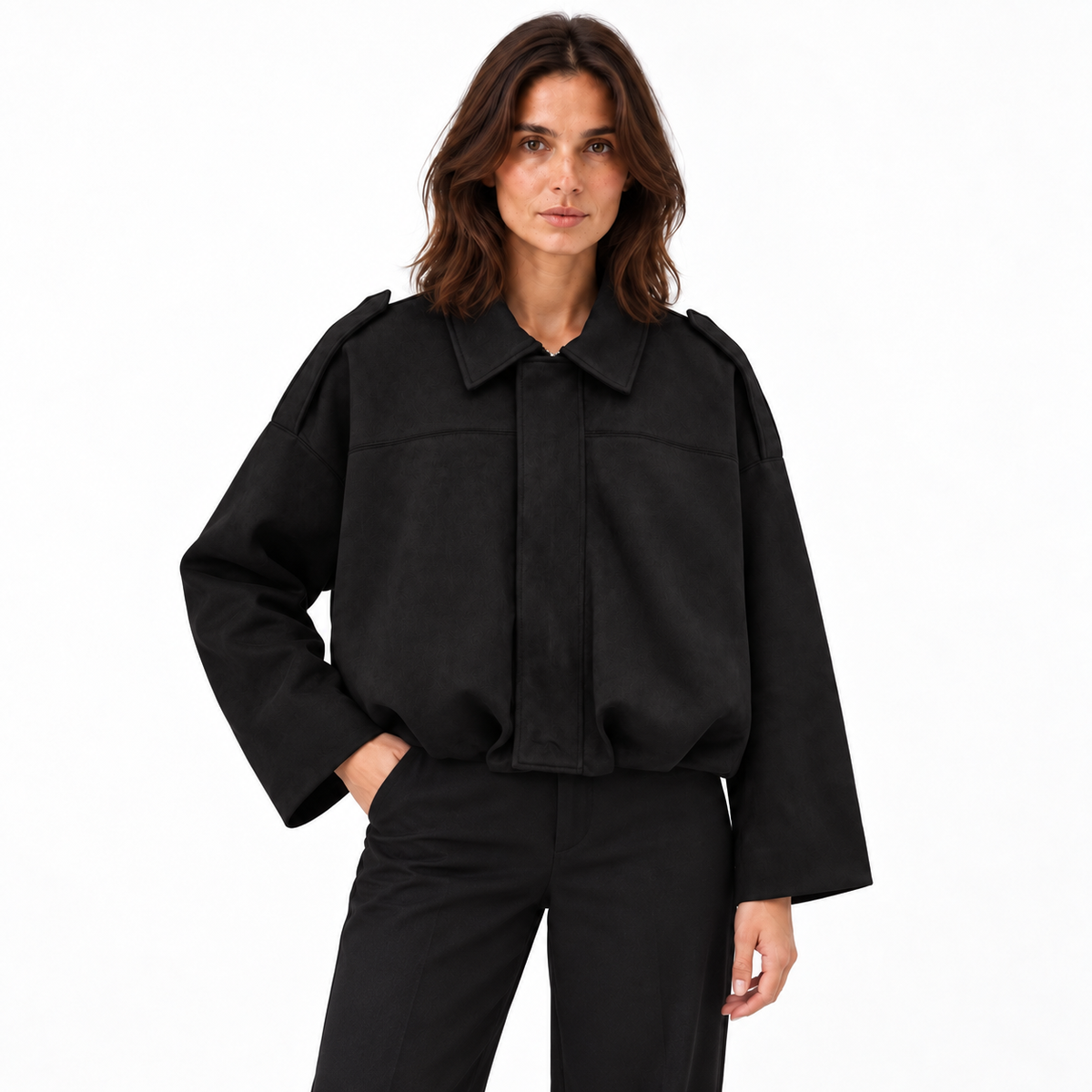 Women's Oversized Faux Suede Bomber with Pointed Collar - Black