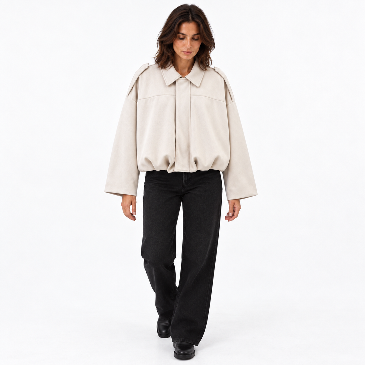 Women's Oversized Faux Suede Bomber with Pointed Collar - Beige