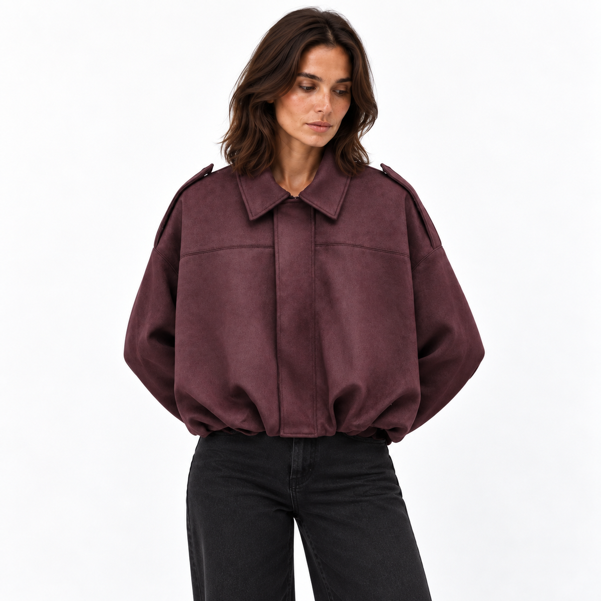 Women's Oversized Faux Suede Bomber with Pointed Collar - Wine Red