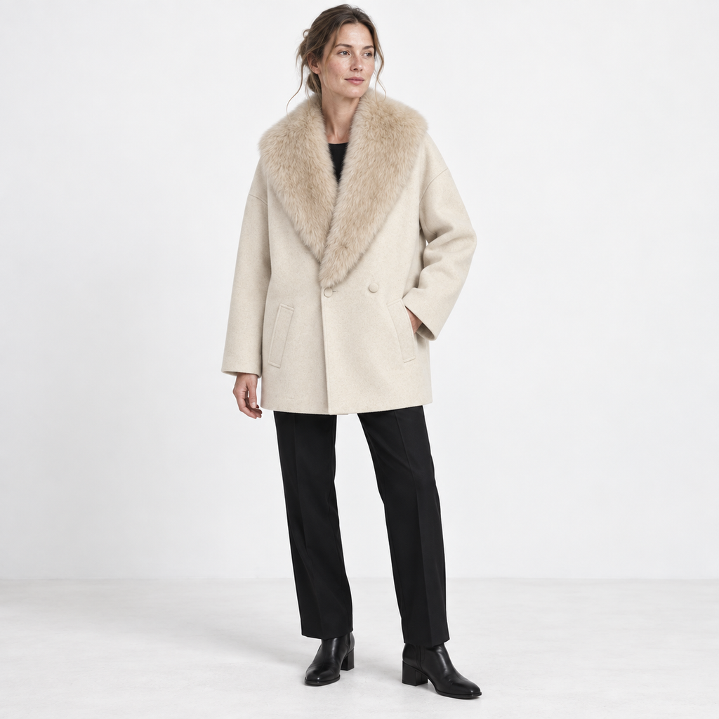 Women's Plush Shawl-Collar Double-Breasted Coat with Slanted Pockets - Cream