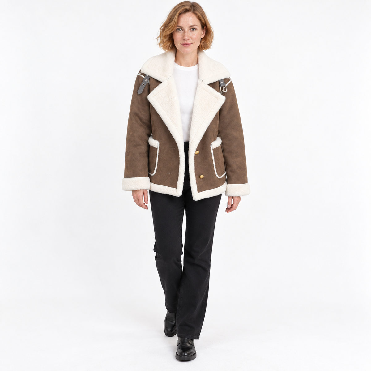 Women's Wide-Lapel Faux Suede Jacket with Shearling-Style Edging - Brown