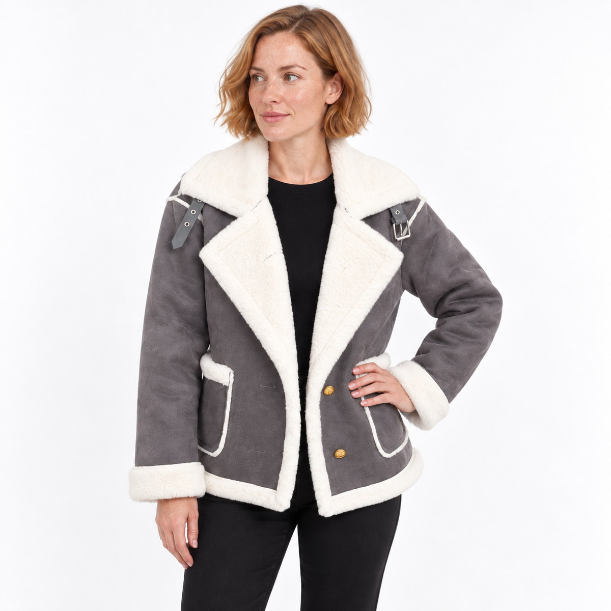 Women's Wide-Lapel Faux Suede Jacket with Shearling-Style Edging - Grey