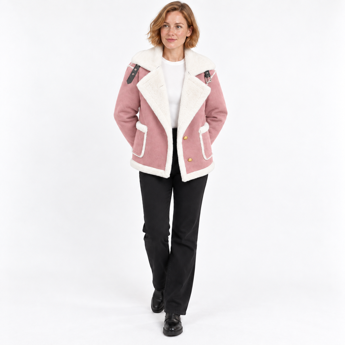 Women's Wide-Lapel Faux Suede Jacket with Shearling-Style Edging - Pink