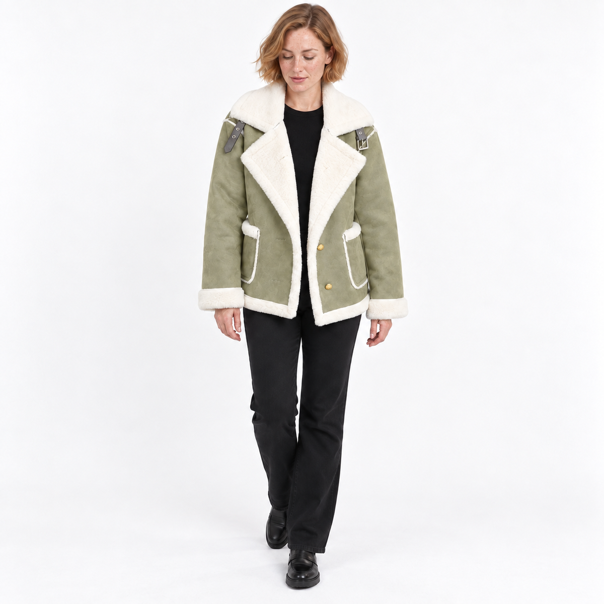 Women's Wide-Lapel Faux Suede Jacket with Shearling-Style Edging - Sage Green