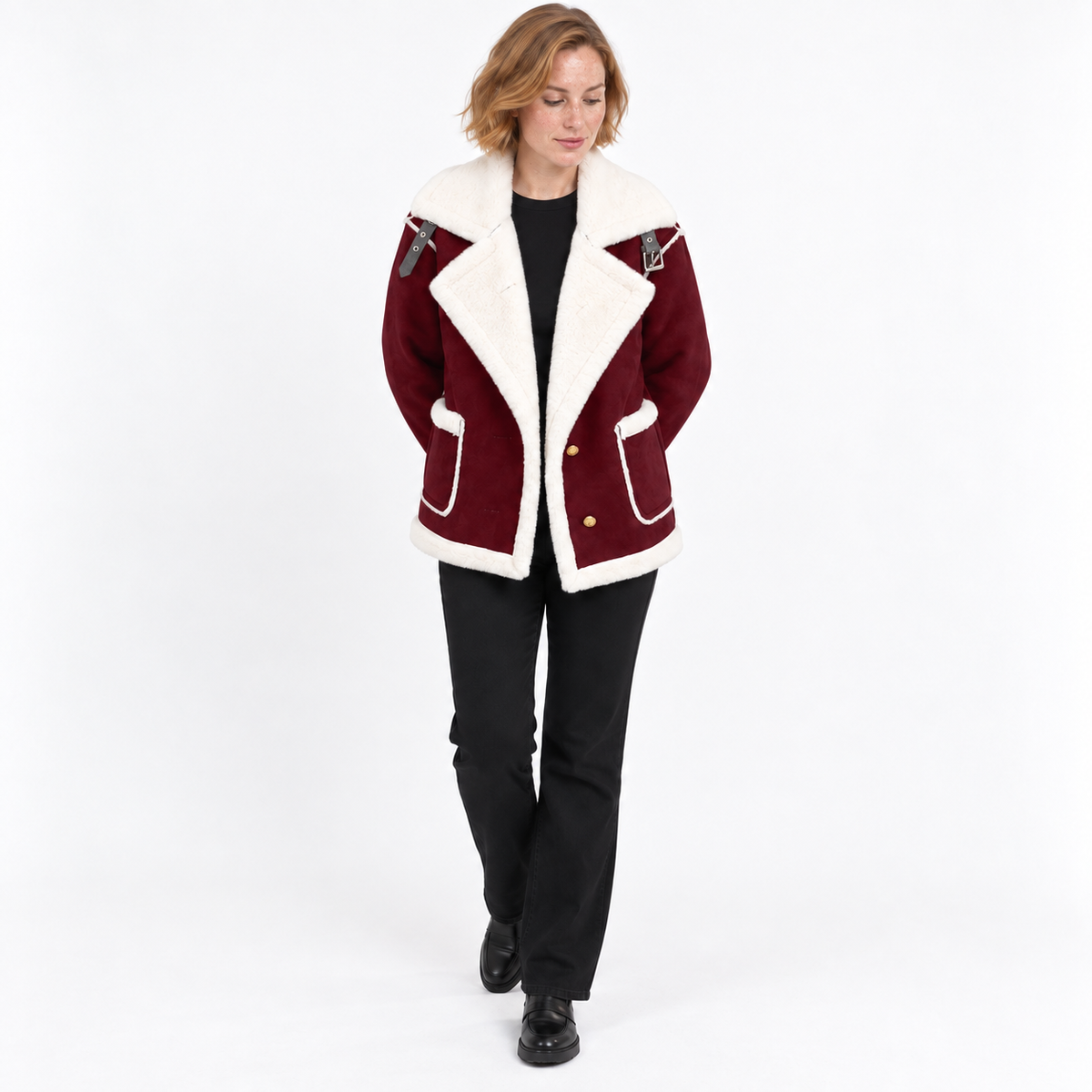 Women's Wide-Lapel Faux Suede Jacket with Shearling-Style Edging - Wine Red